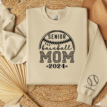 Load image into Gallery viewer, Custom Senior Mom Baseball Sweatshirt with Personalized Name on Sleeve for Senior 2024 shown in sand

