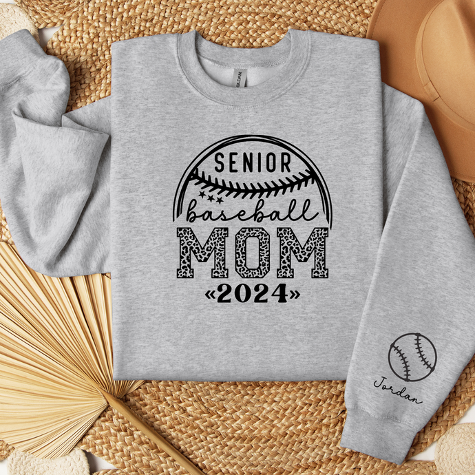 Custom Senior Mom Baseball Sweatshirt with Personalized Name on Sleeve for Senior 2024 shown in sport grey
