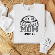 Load image into Gallery viewer, Custom Senior Mom Baseball Sweatshirt with Personalized Name on Sleeve for Senior 2024 shown in white
