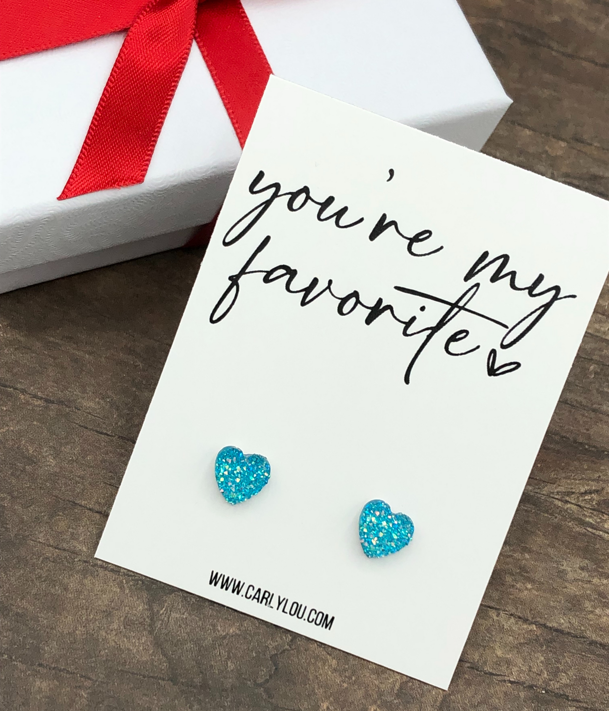 You're my favorite valentine earrings shown in aqua druzy heart closeup