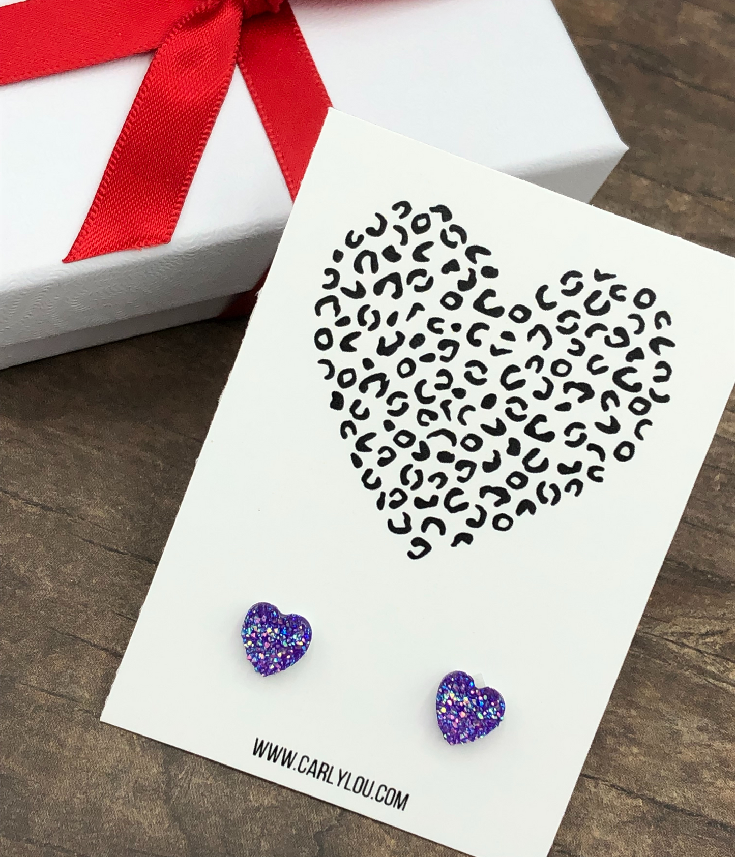 Valentine Earrings - Leopard Heart - shown in purple