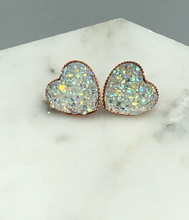 Load image into Gallery viewer, xoxo valentine heart earrings - clear rainbow in rose gold setting
