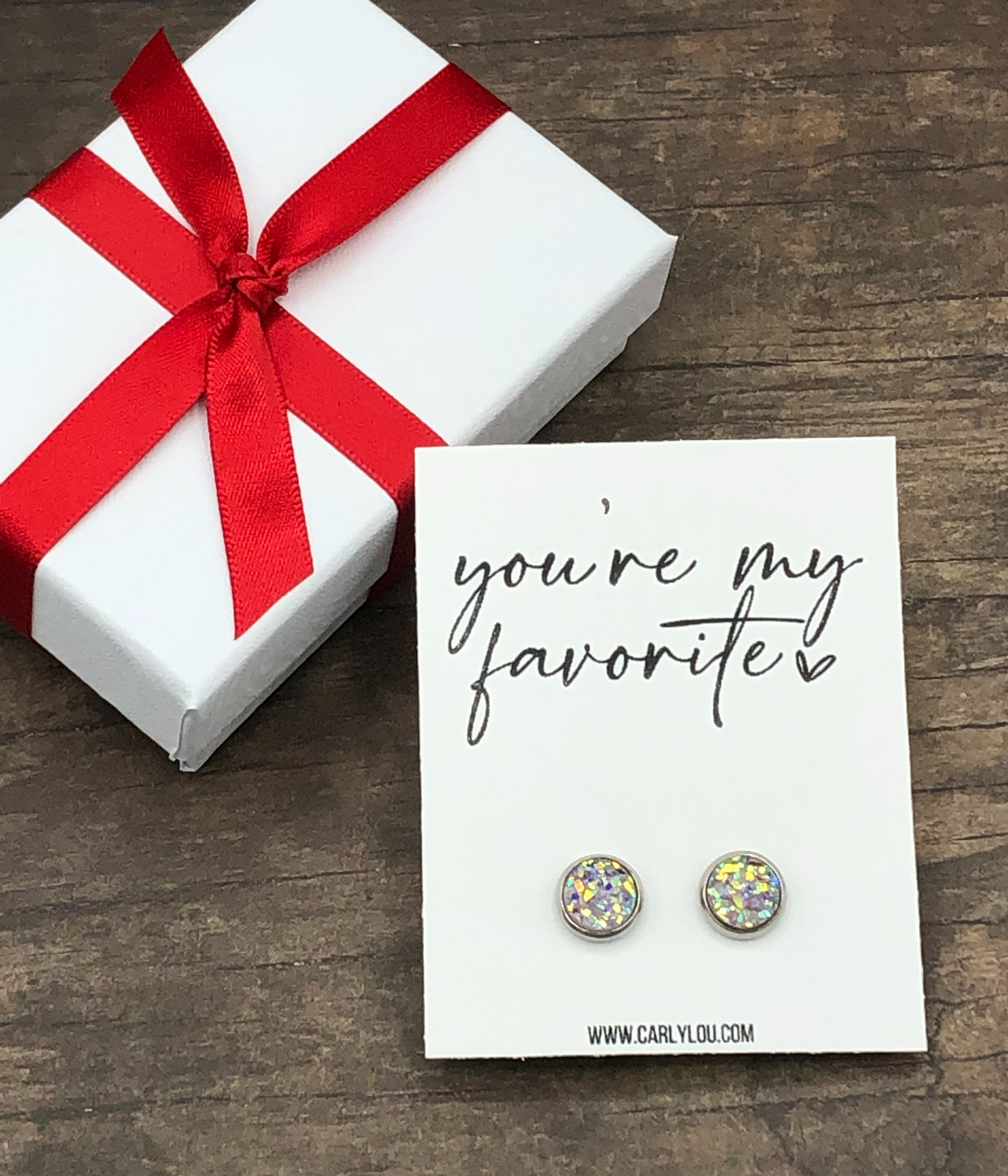 You're my favorite valentine earrings shown in round clear rainbow