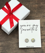 Load image into Gallery viewer, You&#39;re my favorite valentine earrings shown in round clear rainbow
