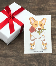 Load image into Gallery viewer, Corgi earrings - corgi valentine earrings - corgi holding rose
