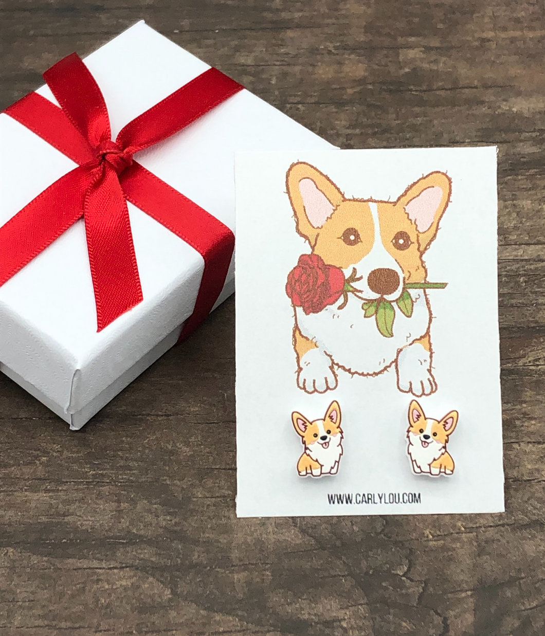 Corgi earrings - corgi valentine earrings - corgi holding rose