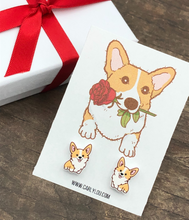 Load image into Gallery viewer, Corgi earrings - corgi valentine earrings - corgi holding rose
