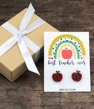 Load image into Gallery viewer, Best Teacher Ever Apple Earrings Red Leopard Apples
