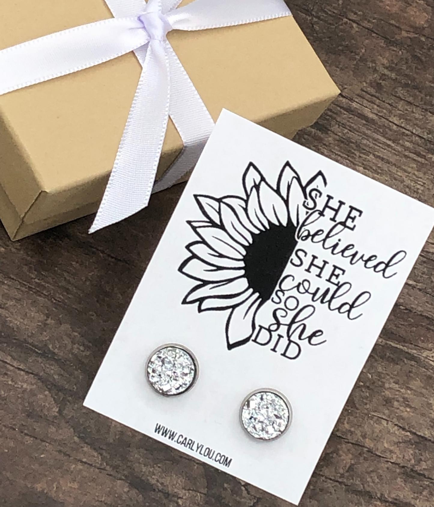 She Believed She Could Sunflower Design with Silver Earrings Closeup