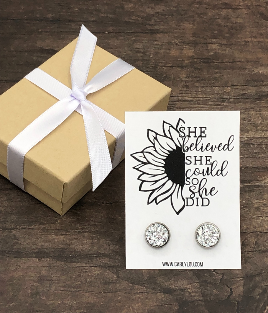 She Believed She Could Sunflower Design with Silver Earrings