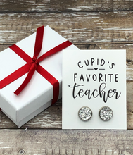 Load image into Gallery viewer, Cupid&#39;s Favorite Teacher Earrings - shown in silver
