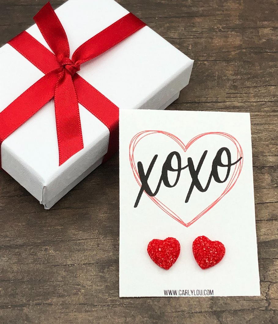 xoxo valentine heart earrings - shown in red