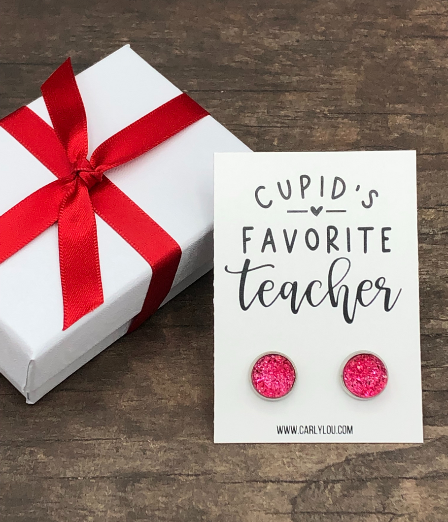 Cupid's Favorite Teacher - Valentine Earrings - shown in hot pink druzy