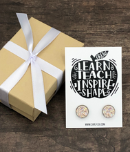 Load image into Gallery viewer, Grow Learn Teach Inspire Shape Teacher Earrings
