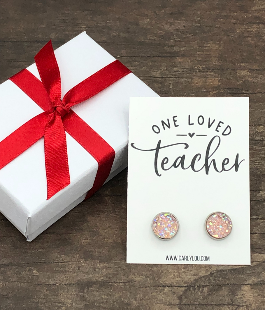 One Loved Teacher Earrings - Valentine Earrings for Teacher - shown in pink
