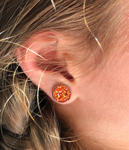 Load image into Gallery viewer, teacher halloween earrings - one spook tacular teacher - orange druzy earrings model
