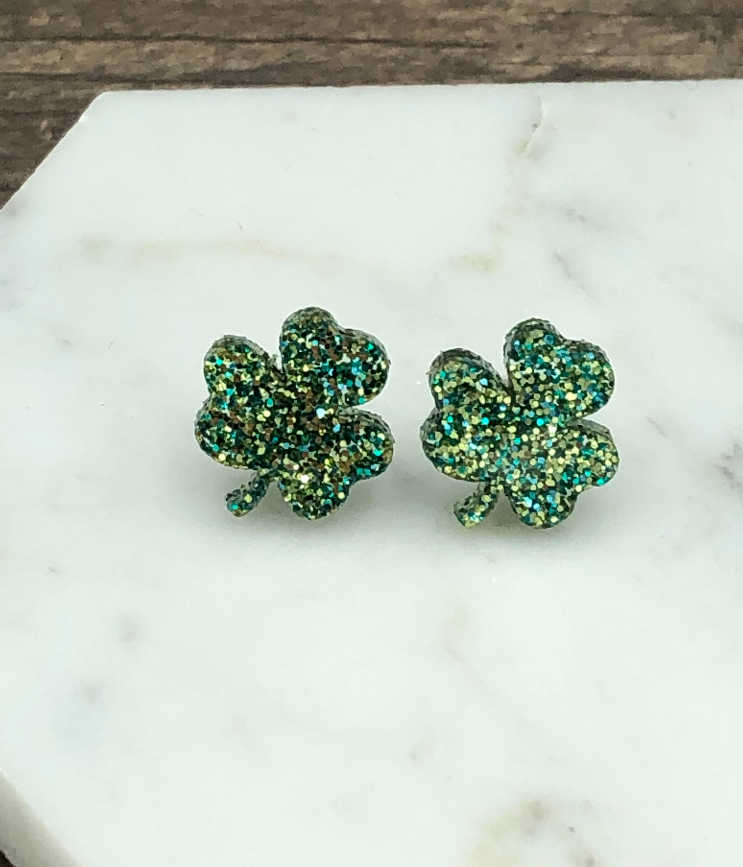 green & gold glitter shamrock earrings