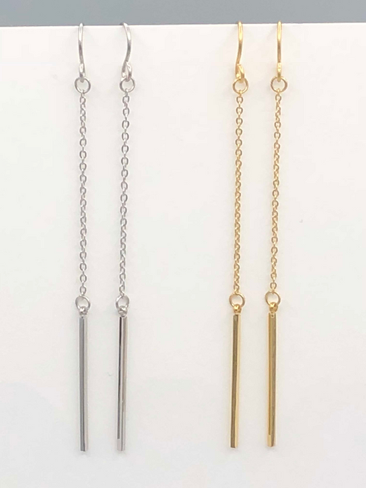 Stainless Steel Long Bar Earrings - Gold or Silver