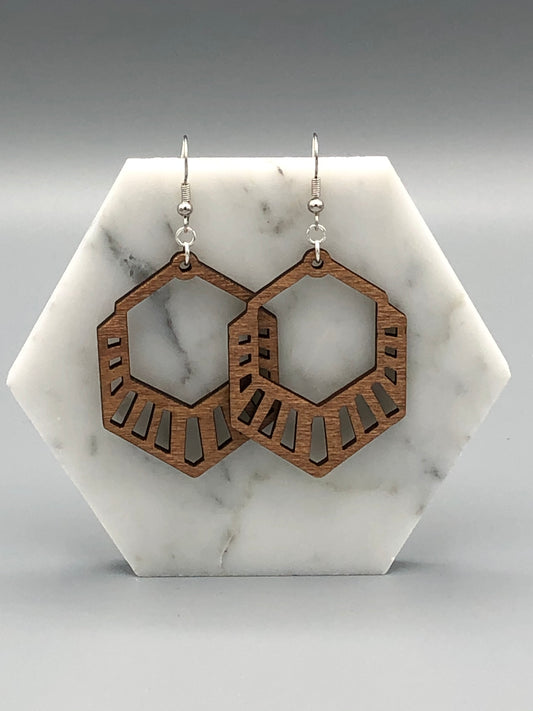 Tan Geometric Hexagon Wood Earrings