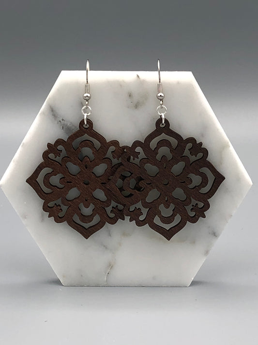 Brown Mandala Wood Earrings