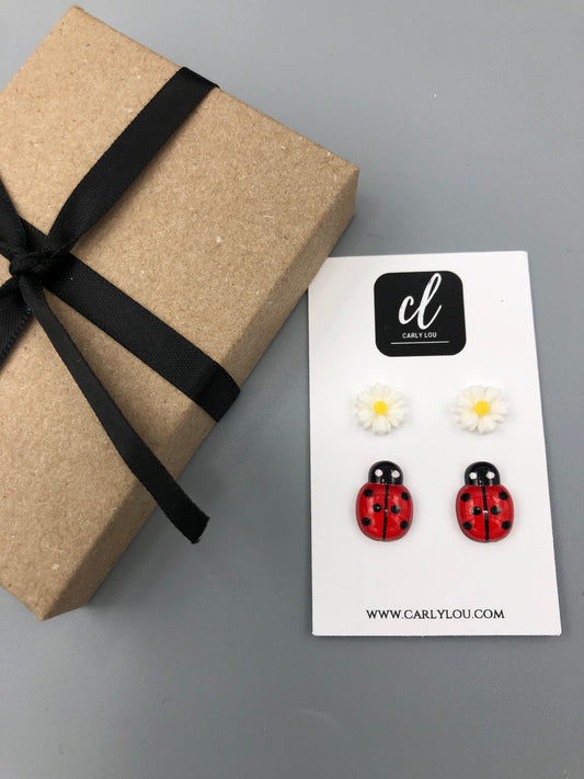 Ladybug & Daisy Stud Earring Set