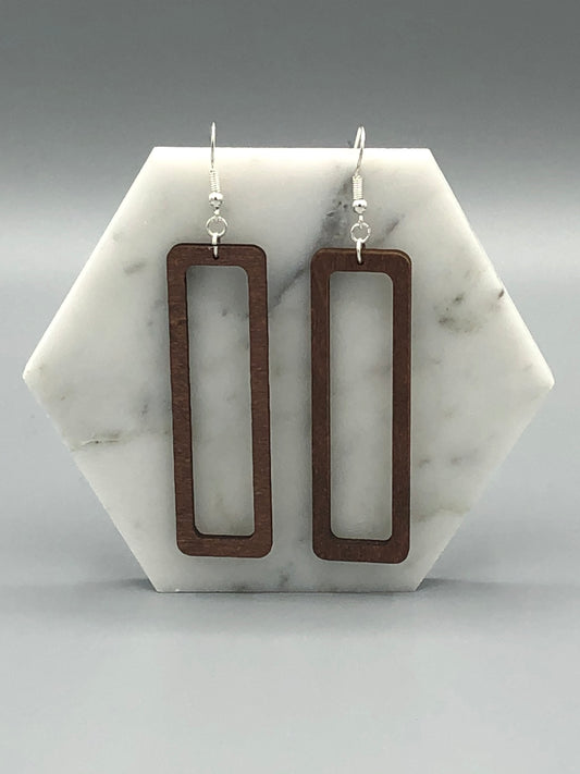 Brown Open Long Rectangle Wood Earrings