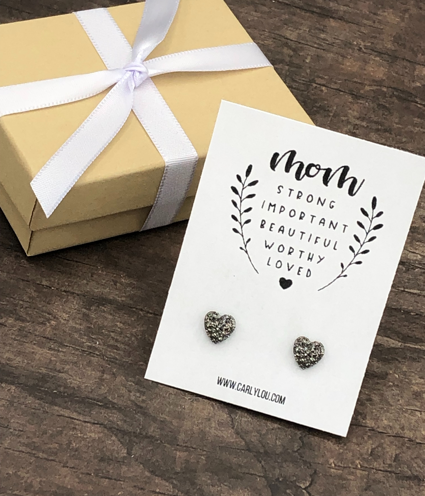 Mom "Strong Important Beautiful Worthy Loved" Druzy Heart Earrings