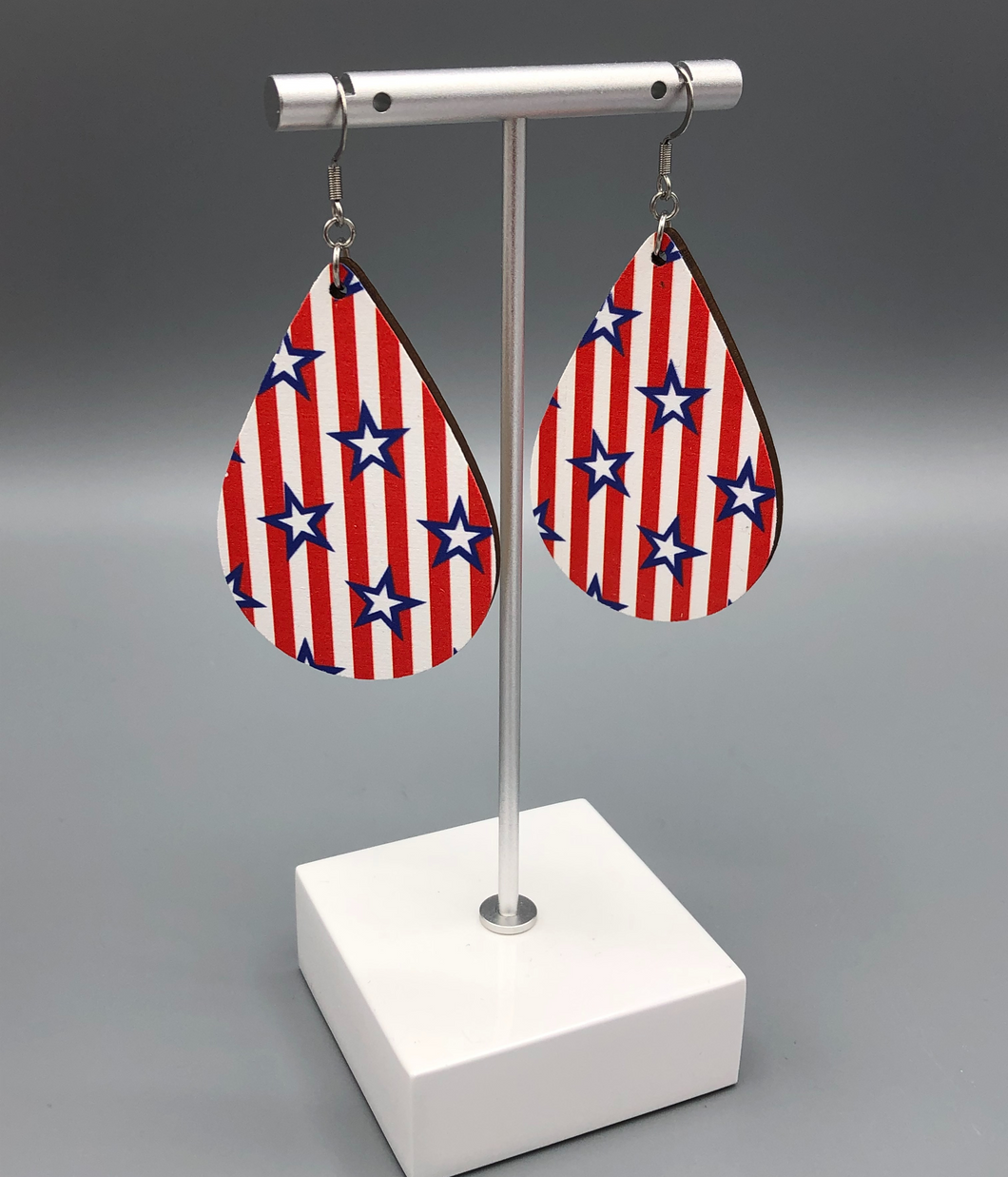 Teardrop Patriotic Striped Wooden Earrings with Blue Stars