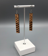 Load image into Gallery viewer, Vertical Bar Wooden Earrings Cherry Wood Stars and Stripes 
