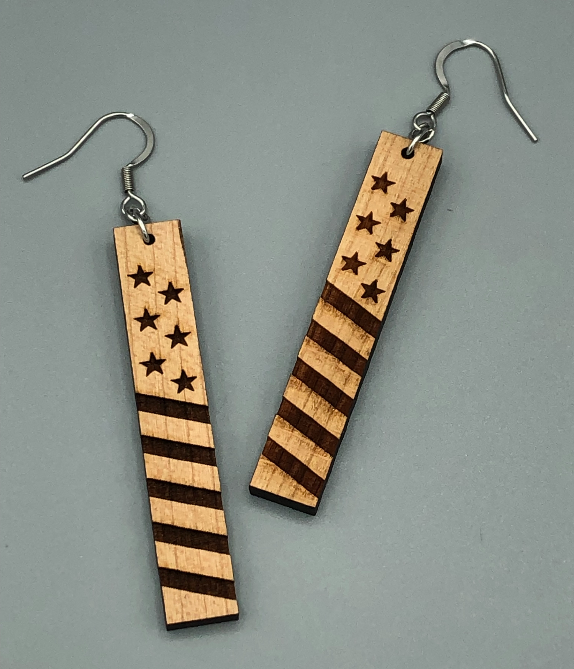 Vertical Bar Wooden Earrings Cherry Wood Stars and Stripes 