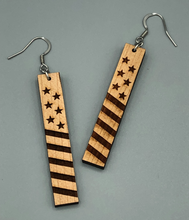 Load image into Gallery viewer, Vertical Bar Wooden Earrings Cherry Wood Stars and Stripes 
