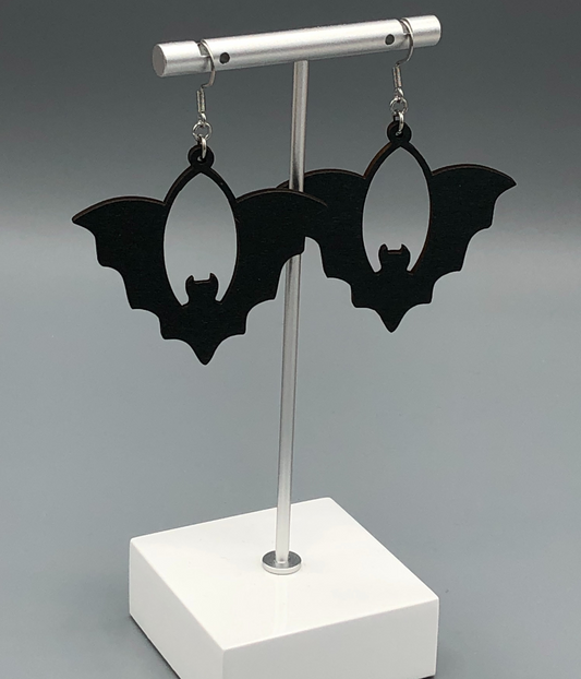 Black Single Bat Wooden Halloween Dangle Earrings