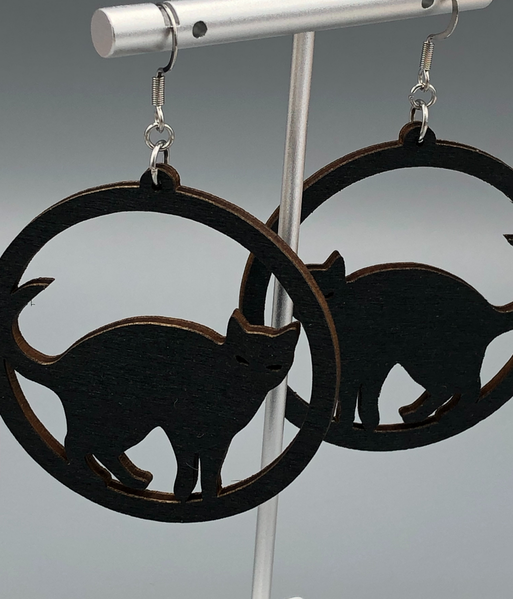 Black Cat Wooden Halloween Dangle Earrings