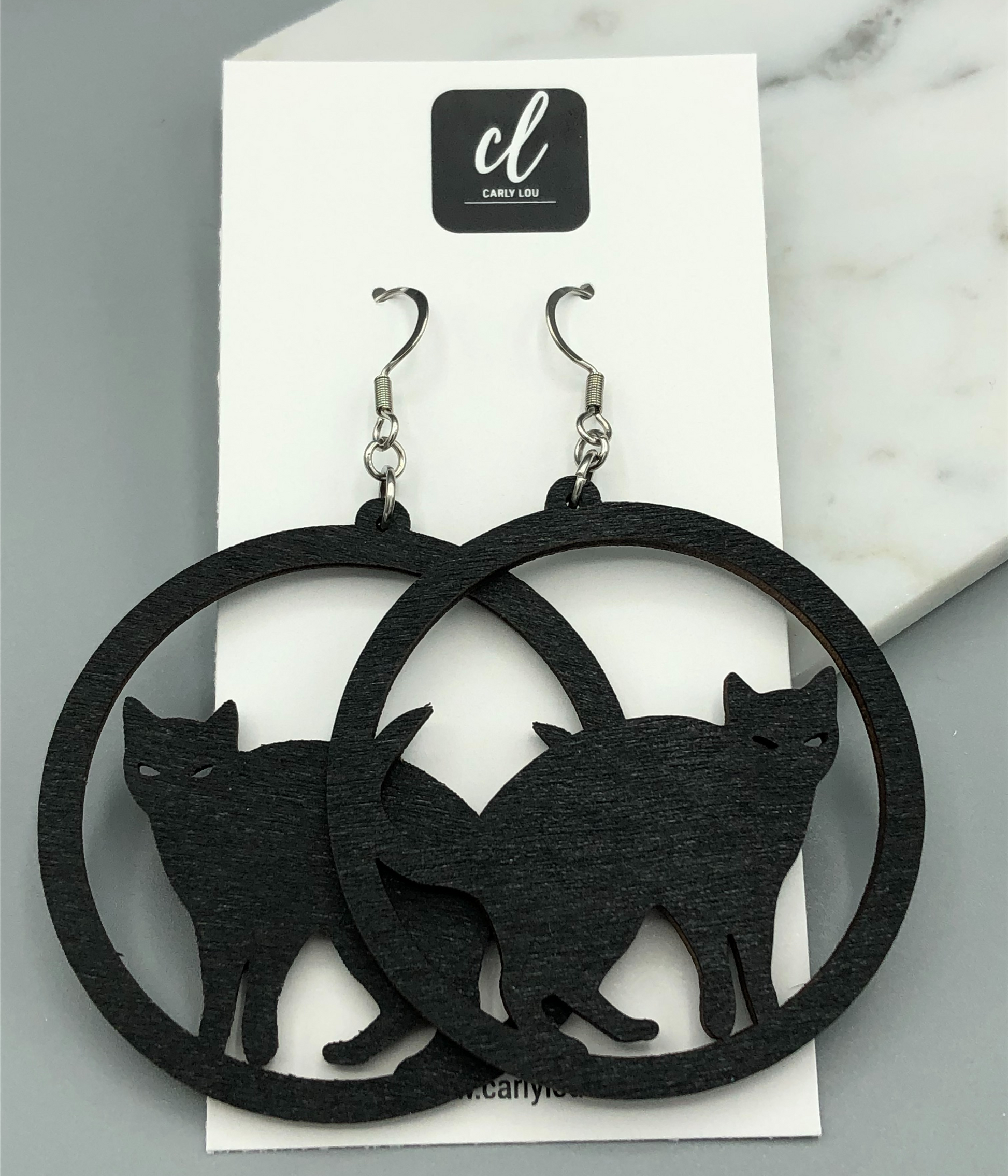 Black Cat Wooden Halloween Dangle Earrings