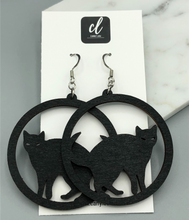 Load image into Gallery viewer, Black Cat Wooden Halloween Dangle Earrings
