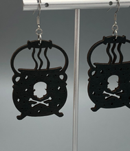 Load image into Gallery viewer, black cauldron wooden dangle earrings
