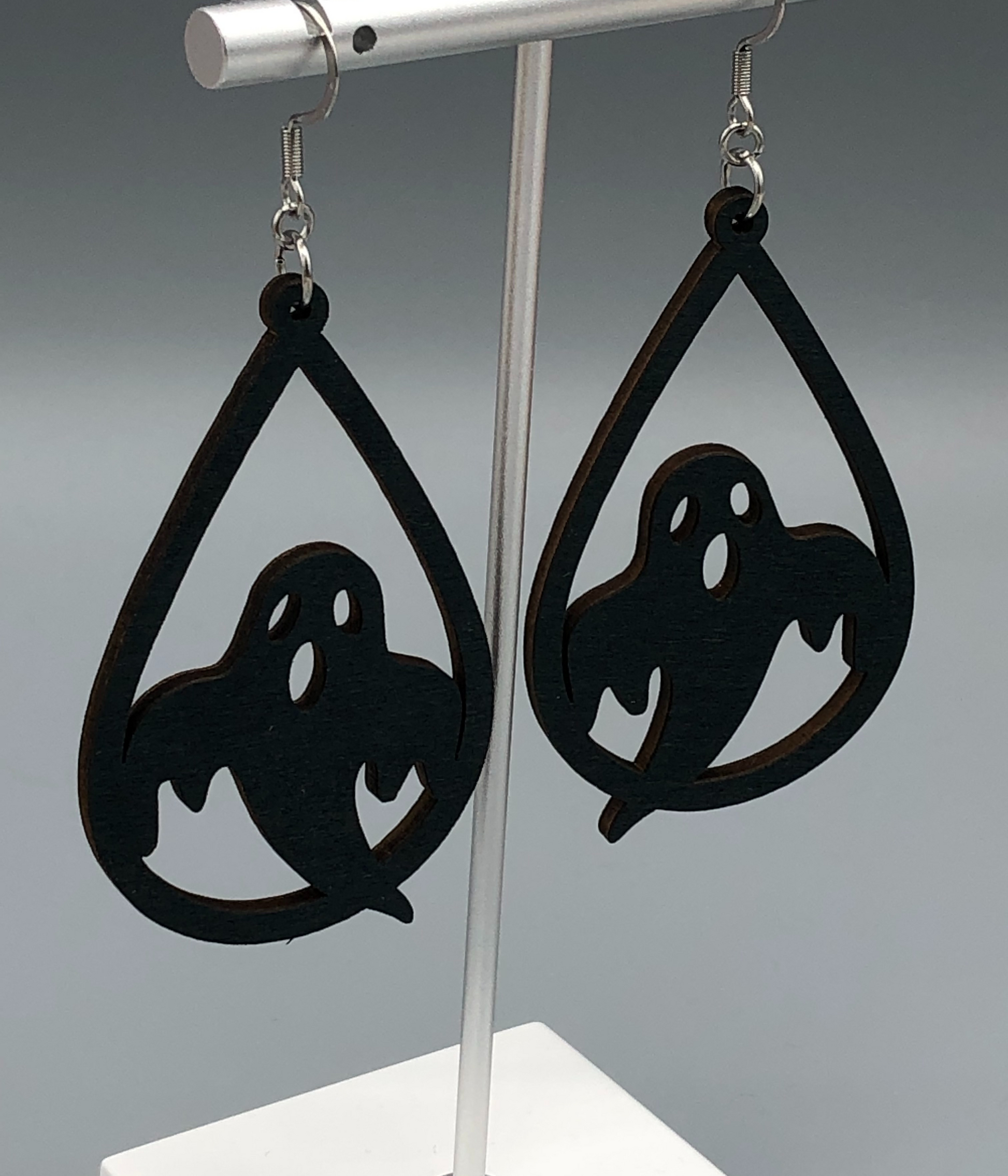black ghost wooden dangle earrings