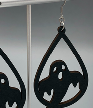 Load image into Gallery viewer, black ghost wooden dangle earrings closeup
