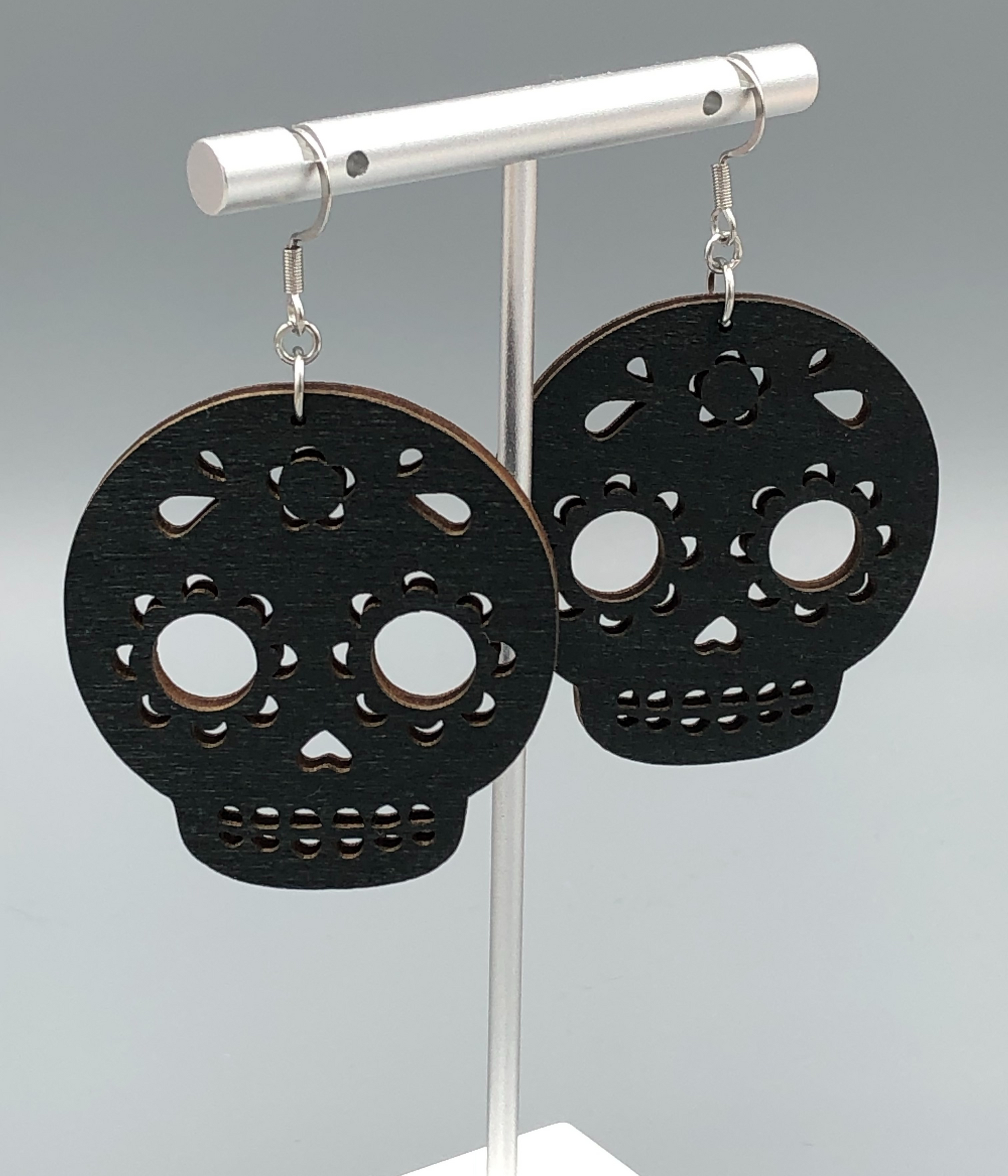 Skeleton Black Wood Earrings perfect for Halloween closer shot