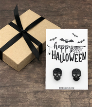 Load image into Gallery viewer, black glitter skull earrings
