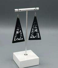 Load image into Gallery viewer, black spider in web wooden dangle earrings
