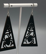 Load image into Gallery viewer, black spider in web wooden dangle earrings
