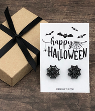 Load image into Gallery viewer, black glitter spider web earrings
