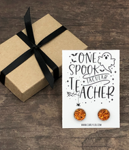 Load image into Gallery viewer, teacher halloween earrings - one spook tacular teacher - orange druzy earrings
