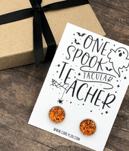 Load image into Gallery viewer, teacher halloween earrings - one spook tacular teacher - orange druzy earrings closeup
