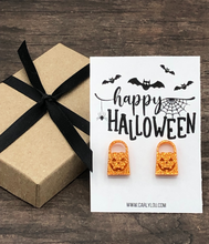 Load image into Gallery viewer, orange glitter trick or treat bag earrings
