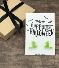 Load image into Gallery viewer, green glitter witch on a broom earrings
